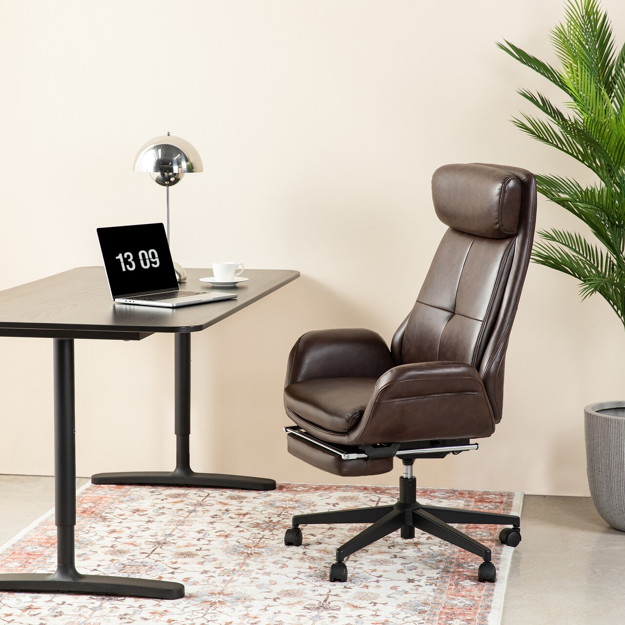 Mid-Century Modern Coffee Leatherette Gaslift Adjustable Swivel High Back Office Chair with Footrest and Armrest